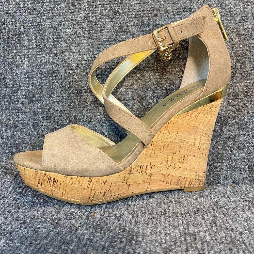 Guess Womens 7 Rice Tan Faux Leather Cork Platform Wedge Open Toe Sandals Heels